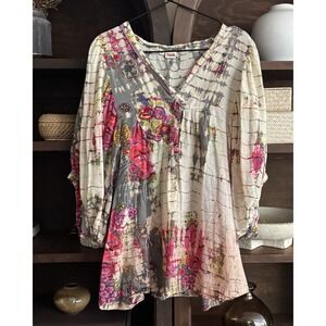 Tianello Women's M Tie Dye Batik Blouse Embroidered Floral Appliqué Peasant Top